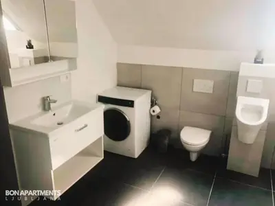 a small bathroom with a toilet and a sink at Huge BBQ Garden 2, Spacious Flat, AC, Free Parking 2 in Ljubljana