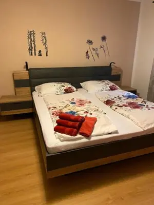 a bed with two pillows on it in a bedroom at Živahna hiša in Sveti Jurij ob Ščavnici