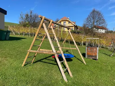 a wooden swing set in a yard at Holiday House Zlačka Gorca in Pristava pri Mestinju