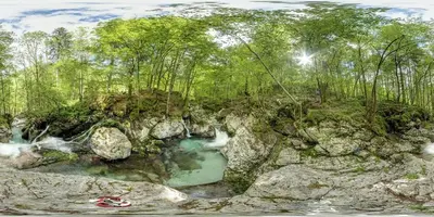 a painting of a forest with a river and trees at Počitniška HIŠKA POLOVNIK in Bovec