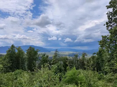 a view of trees and mountains under a cloudy sky at Amazing apartment in Stari Trg pri Ložu