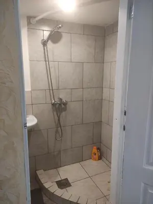 a bathroom with a shower with a sink and a shower at Rock Apartments in Bohinjska Bela