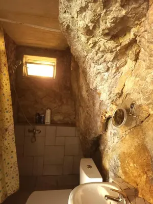 a stone bathroom with a sink and a toilet at Rock Apartments in Bohinjska Bela