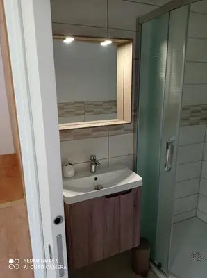 a bathroom with a sink and a glass shower at Apartma Aurora in Kranjska Gora