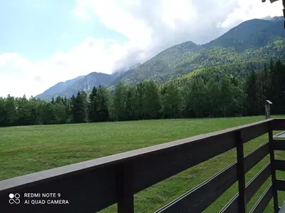 a fence with a field and mountains in the background at Apartma Aurora in Kranjska Gora