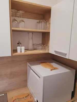 a white refrigerator in a kitchen with wooden shelves at Ribiška vasica - Fishermen's Village in Radeče