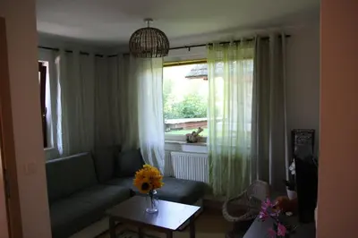 a living room with a couch and a window at Dream Apartment Brglez in Bohinjska Bela