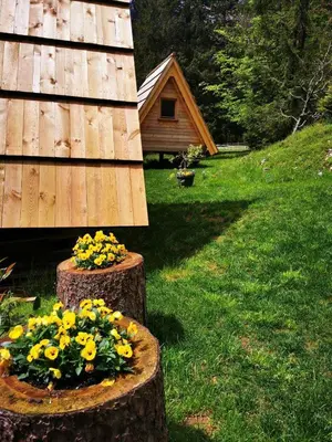 a group of logs with flowers on them next to a barn at U KONC in Stahovica