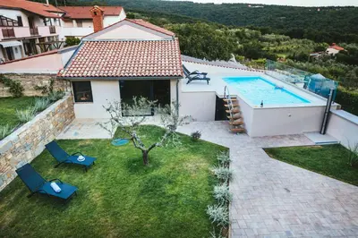 an aerial view of a backyard with a swimming pool at Roner Resort in Plavje
