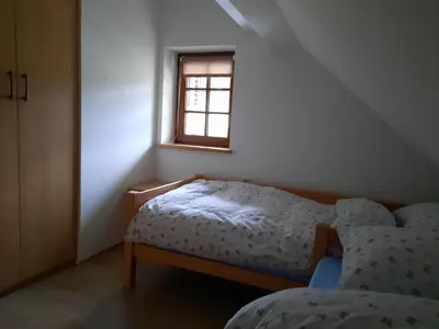 a bedroom with two beds and a window at Vineyard cottage Klobčar in Semič