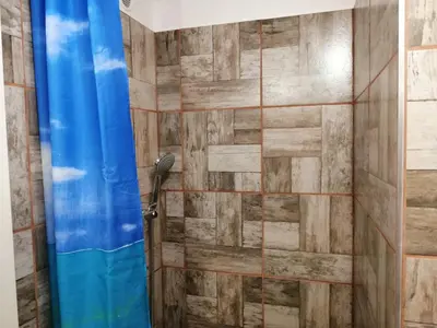 a shower with a blue shower curtain in a bathroom at Freya in Lesce