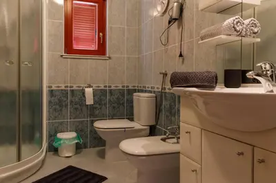 a bathroom with a toilet and a sink and a shower at Villa Toni in Bled