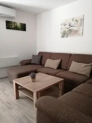 a living room with a couch and a coffee table at Apartma TIA in Bled