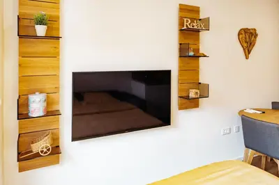 a flat screen tv hanging on a wall at Woody - comfy apartment in Šiška in Ljubljana