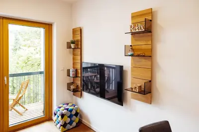 a living room with a tv and a window at Woody - comfy apartment in Šiška in Ljubljana