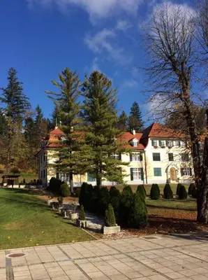 a large white house with trees in front of it at Vila Rogashka One Bedroom Apartment in Rogaška Slatina