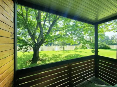 a window in a screened in porch looking out at a tree at GM House, mobile house near Kolpa river in Metlika