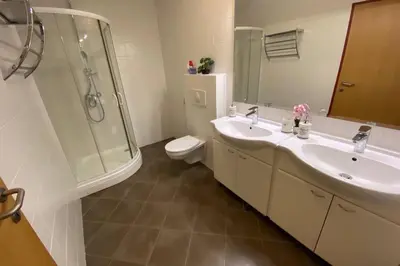 a bathroom with a sink and a shower and a toilet at Udoben apartma v Moravskih Toplicah in Moravske Toplice