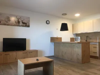 a living room with a tv and a kitchen at Apartmaji Hočka Koča in Pohorje