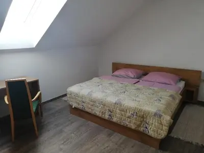 a bedroom with a bed with purple pillows and a window at Apartmaji Hočka Koča in Pohorje