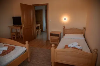 a bedroom with two beds and a television in it at Rooms and Apartments Panker in Moravske Toplice