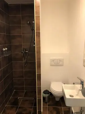 a bathroom with a shower and a toilet and a sink at Hostel Sleeping Beauty in Ljubljana