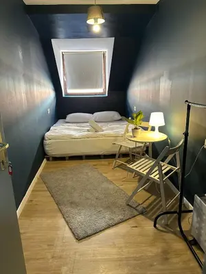 a bedroom with a bed and a table and a window at Hostel Sleeping Beauty in Ljubljana