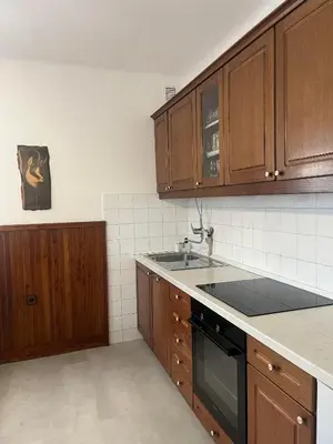 a kitchen with wooden cabinets and a sink at Apartmaji pr' Matičo in Kranjska Gora
