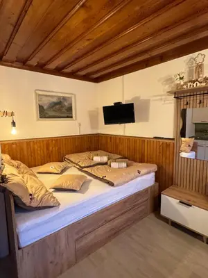 a bed in a room with a tv on the wall at Apartmaji pr' Matičo in Kranjska Gora