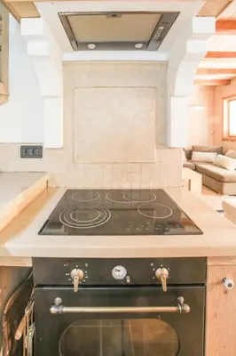 a stove top in a kitchen with a couch at Villa Pokljuka in Zgornje Gorje
