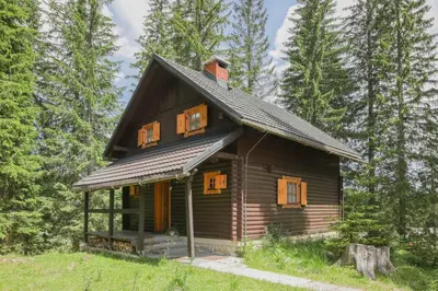 a small wooden cabin in the woods with trees at Villa Pokljuka in Zgornje Gorje