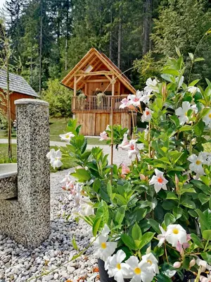 a garden with flowers in front of a cabin at Ribno Luxury Glamping in Bled