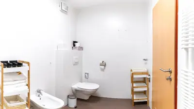 a white bathroom with a toilet and a sink at Bella Mura Blue Apartment in Moravske Toplice