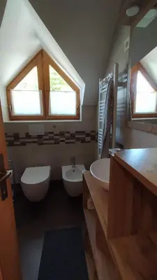 a bathroom with two sinks and a toilet and a window at Tulpika1 in Moravske Toplice