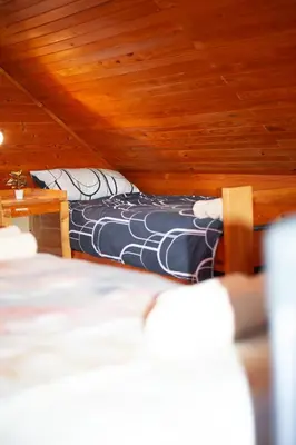 a bedroom with two beds and a wooden ceiling at Hišica 70 in Čatež ob Savi