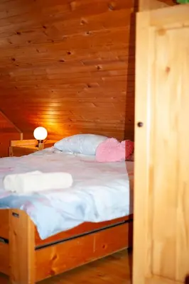 a bedroom with a bed in a wooden room at Hišica 70 in Čatež ob Savi