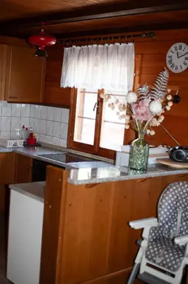 a kitchen with a window and a vase of flowers at Hišica 70 in Čatež ob Savi