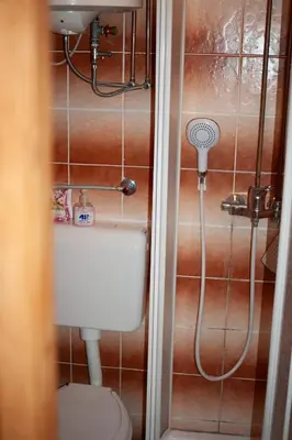 a small bathroom with a toilet and a shower at Hišica 70 in Čatež ob Savi