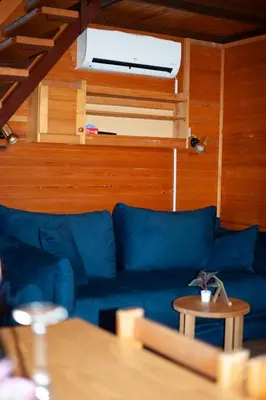a blue couch in a living room with a tv at Hišica 70 in Čatež ob Savi