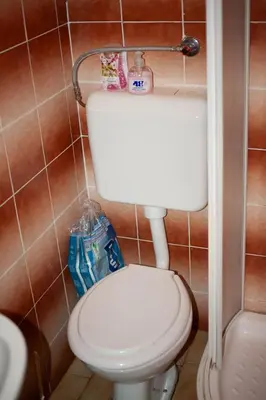 a bathroom with a white toilet in a room at Hišica 70 in Čatež ob Savi