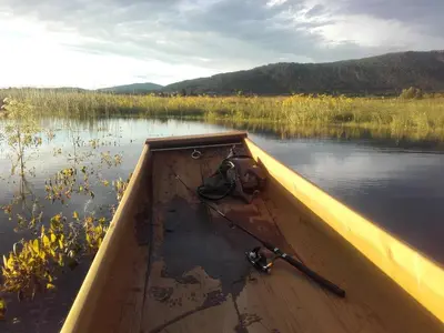 a boat with a oar sitting in the water at Apartments Vrdjan in Cerknica