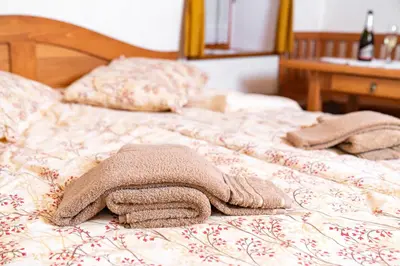 two beds with towels sitting on top of them at Guesthouse Močivnik in Okroglice