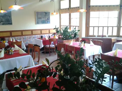 a restaurant with tables and chairs and potted plants at Guest House Arvaj in Kranj