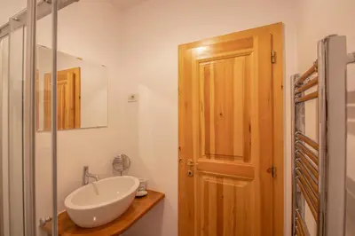 a bathroom with a white sink and a wooden door at Residence Apolonija Guest House in Sežana