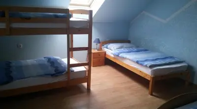 a bedroom with two bunk beds and a window at apartma fortuna kmečki hram in Idrija
