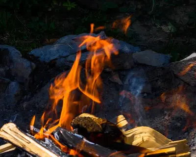 a fire pit with a bunch of flames at Gozdna koča Studeno in Kočevje