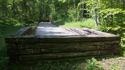 a pile of logs on a trail in the woods at Gozdna koča Studeno in Kočevje