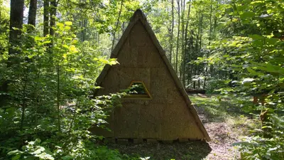 a triangular structure in the middle of a forest at Gozdna koča Studeno in Kočevje