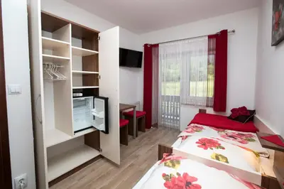 a small room with a bed and a television at Accommodation Resman in Bohinj