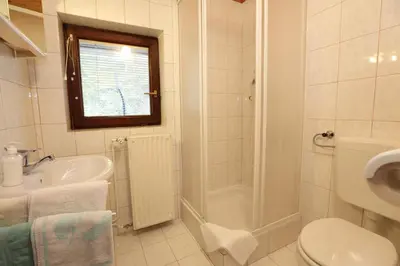 a bathroom with a sink and a toilet and a shower at Accommodation Resman in Bohinj